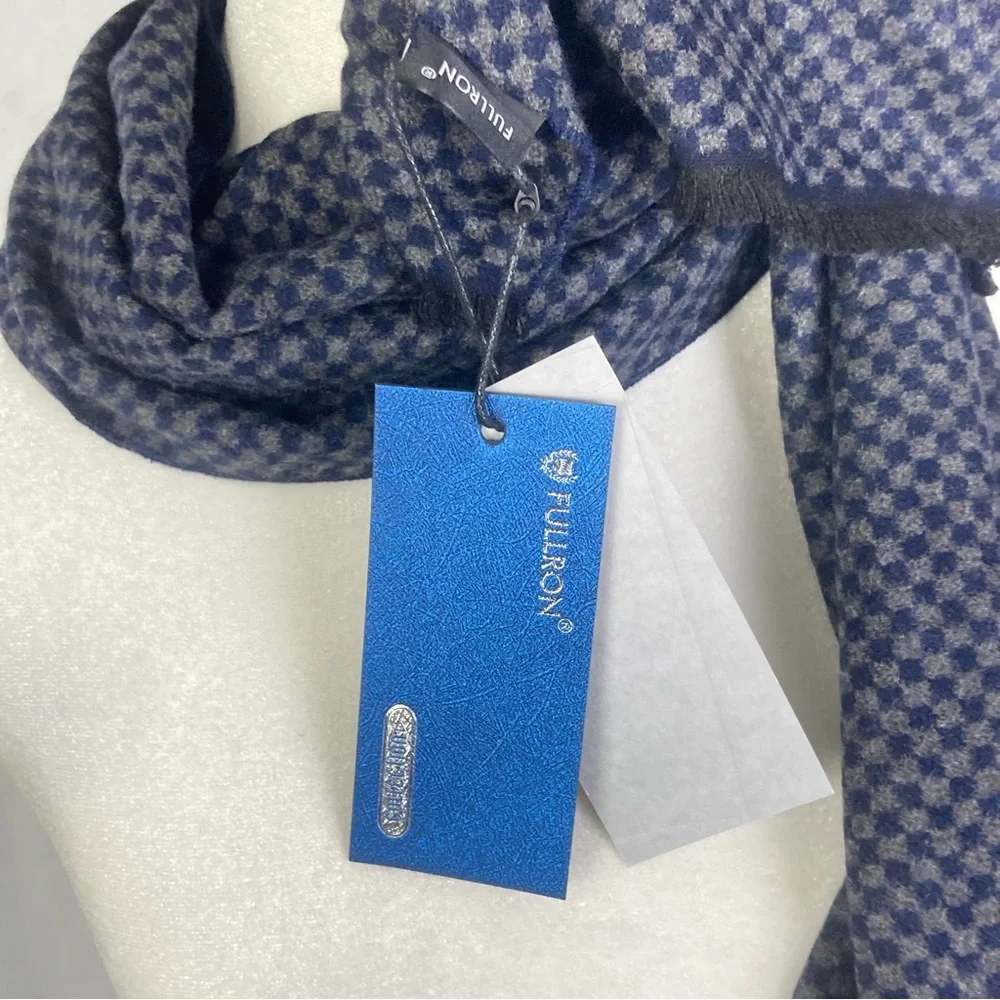 FULLRON Scarf Soft Warm Cashmere Blend Scarves Mens Classic Blue Checkered NWT